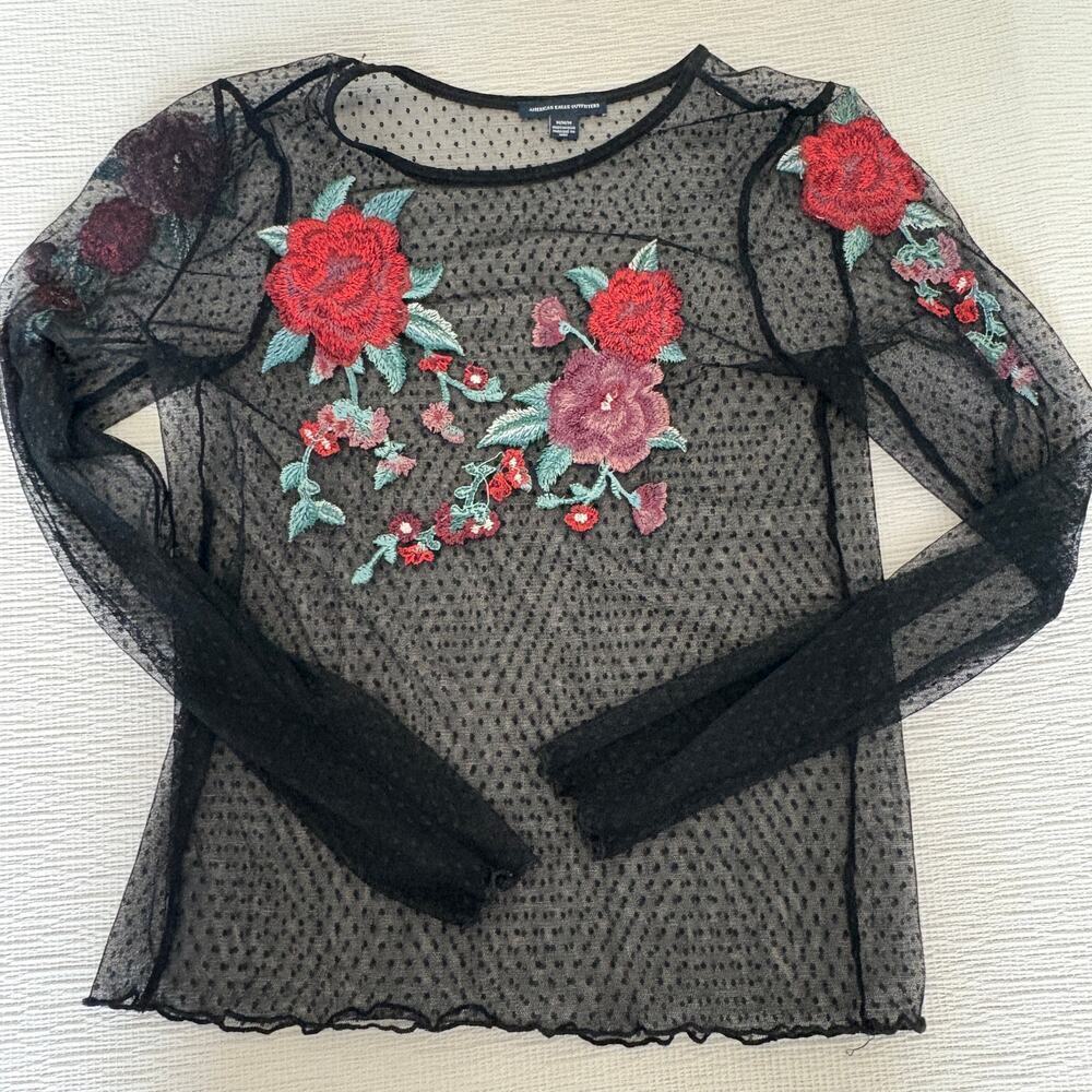 American Eagle Sheer Mesh Embroidered Floral Top Medium Vixen Whimsigoth